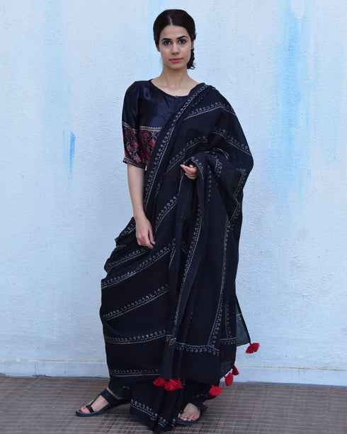Black Hand Block Printed Cotton Mul Saree